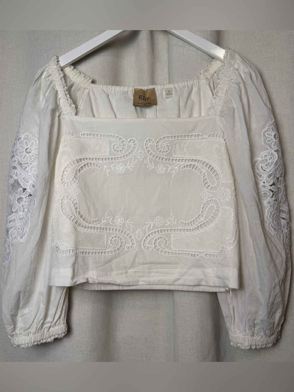 Elie Tahari Cream Embroidered Square-Neck Peasant Top